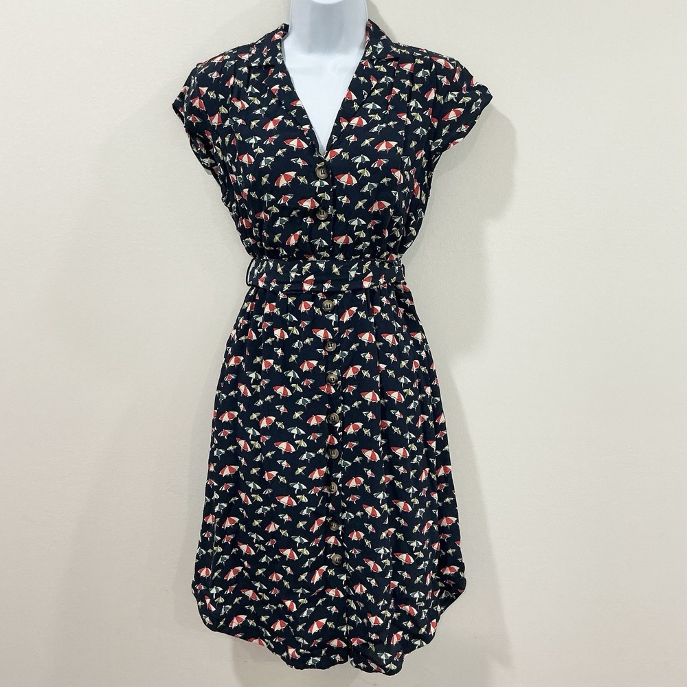 Anthropologie Maeve Catherine Umbrella Print Dress Tie Waist Size 4 Coastal